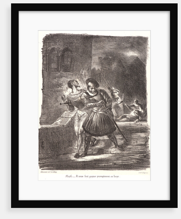 Mephistopheles and Faust Fleeing after the Duel with the address of Varyon (Méphistophélès et Faust fuyant après le duel avec l’adresse de Varyon), 1828 by Eugène Delacroix