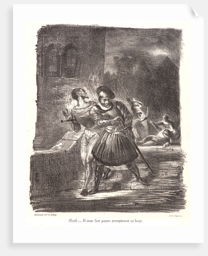 Mephistopheles and Faust Fleeing after the Duel with the address of Varyon (Méphistophélès et Faust fuyant après le duel avec l’adresse de Varyon), 1828 by Eugène Delacroix