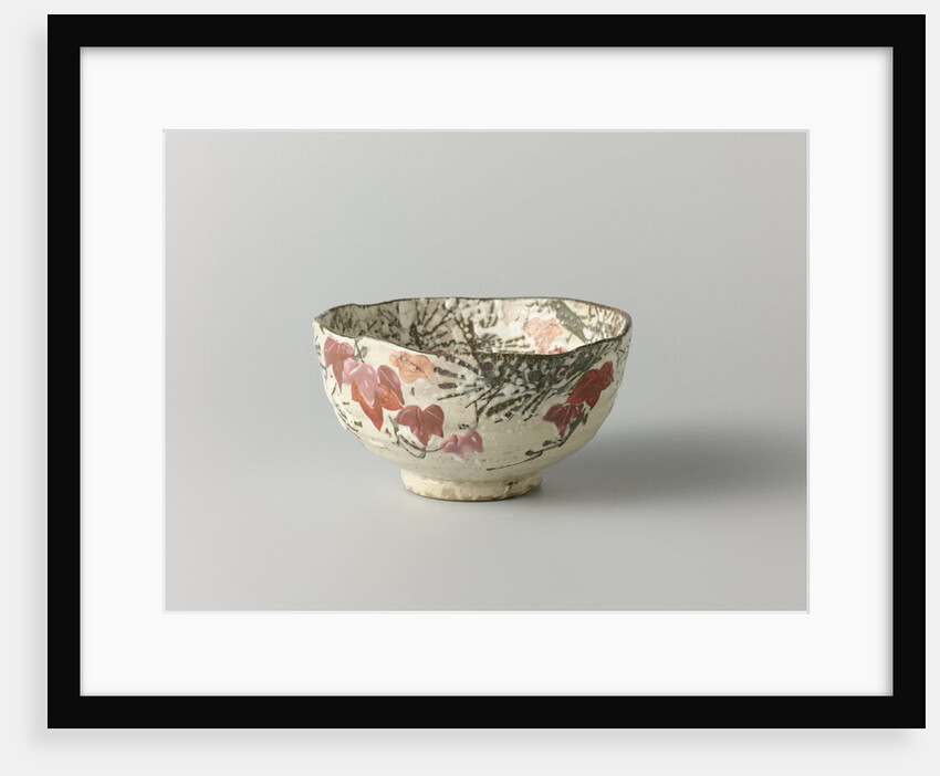Tea bowl with a backdrop of pine, maple leaves and snow by Anonymous