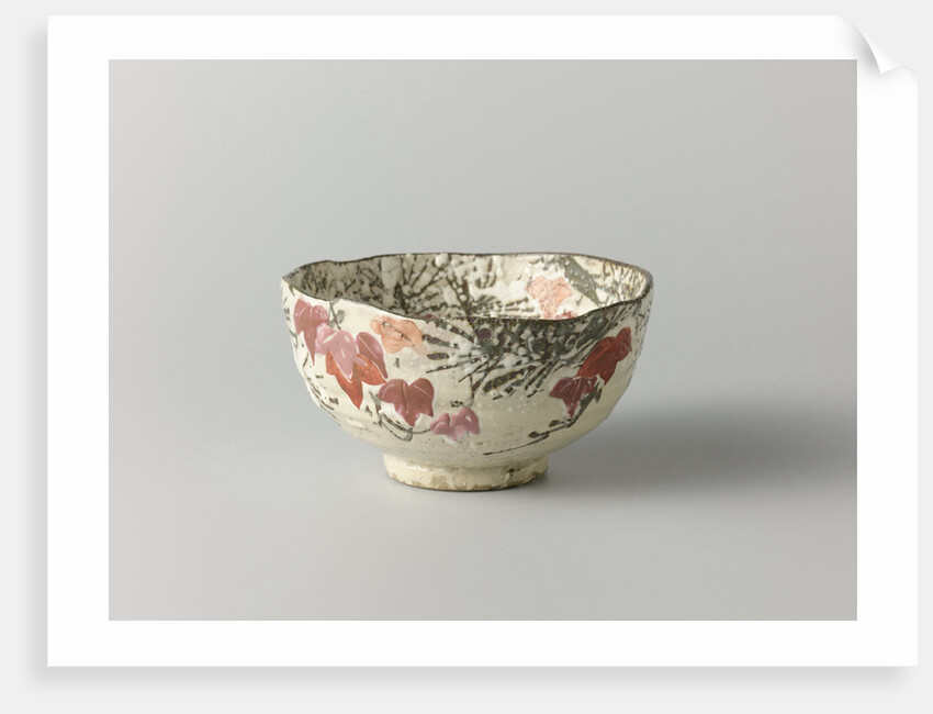 Tea bowl with a backdrop of pine, maple leaves and snow by Anonymous