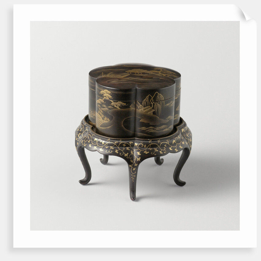 Box, lobed, loose foot, gilded landscapes on black ground by Anonymous