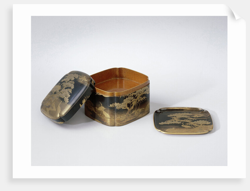 Stack Box, black lacquer and cranes and turtle in gold makie by Anonymous