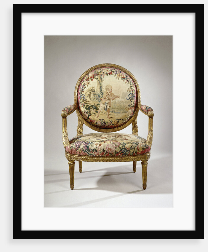 Armchair upholstered with tapestry with a boy with birds and a fox with a pheasant by Anonymous
