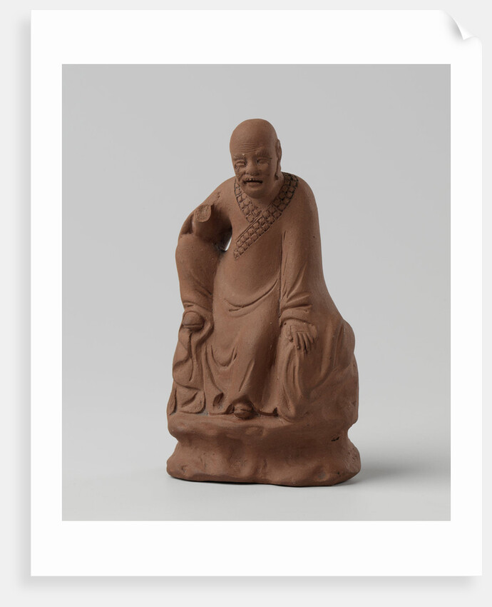 Man figure with raised right leg on rocky pedestal. Red stoneware. by Anonymous