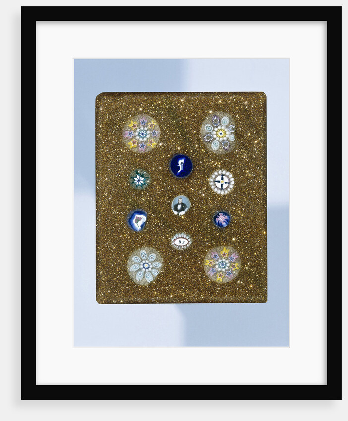 Plaque of aventurine glass, with eleven rosettes of millefiori glass by Anonymous