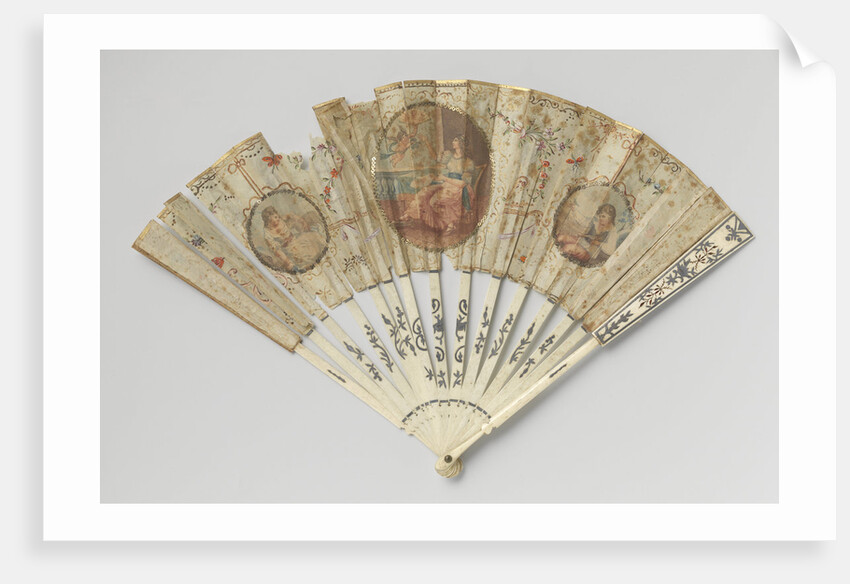 Folding fan with blade side to a medallion seated lady with fan and putti painted by Anonymous