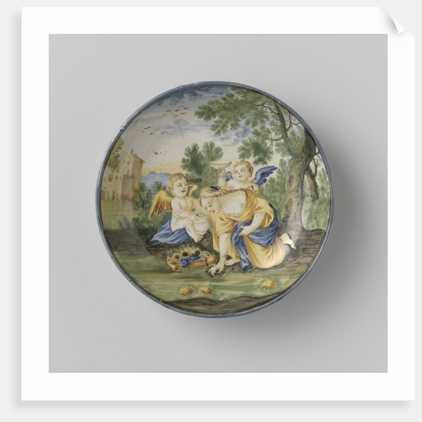 Saucer, painted with flower sitting on her knees picking woman. by Anonymous