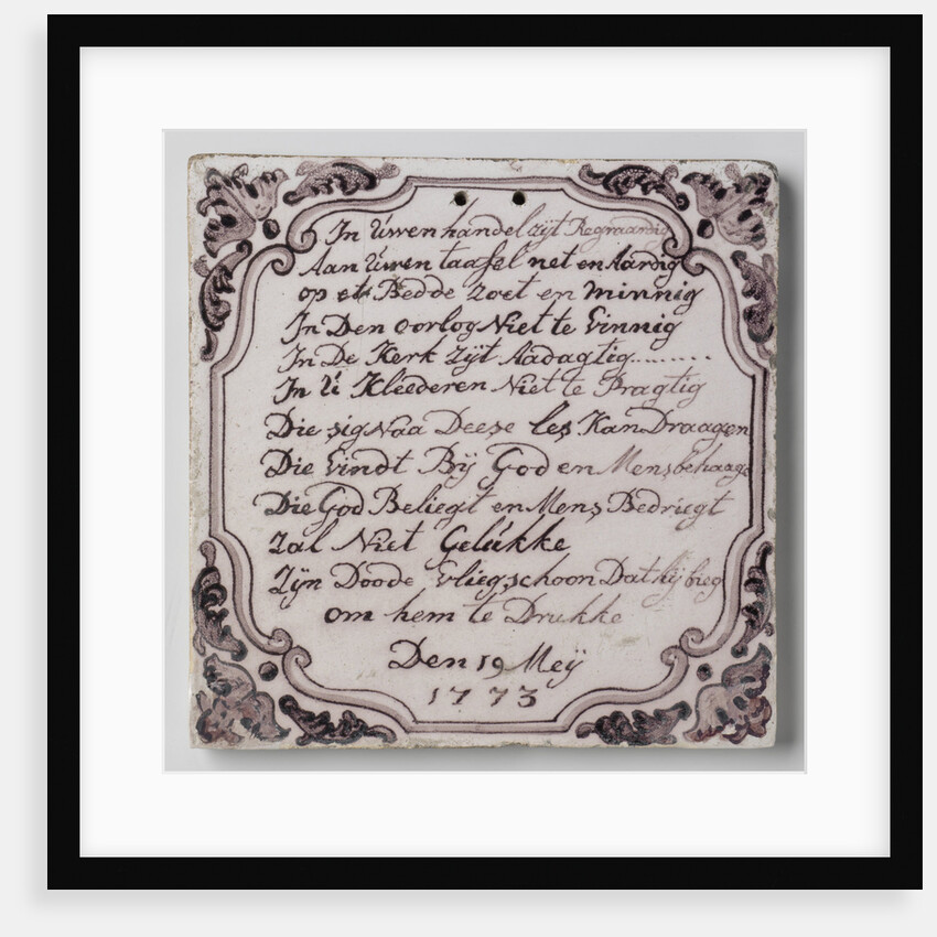 Tile with rhyme and date Den 19 Meij 1773. by Anonymous