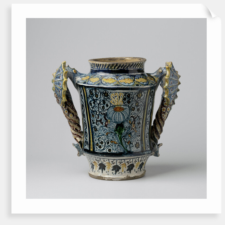 Albarello, multicolor painted with flower sprays and oval escutcheon by Anonymous