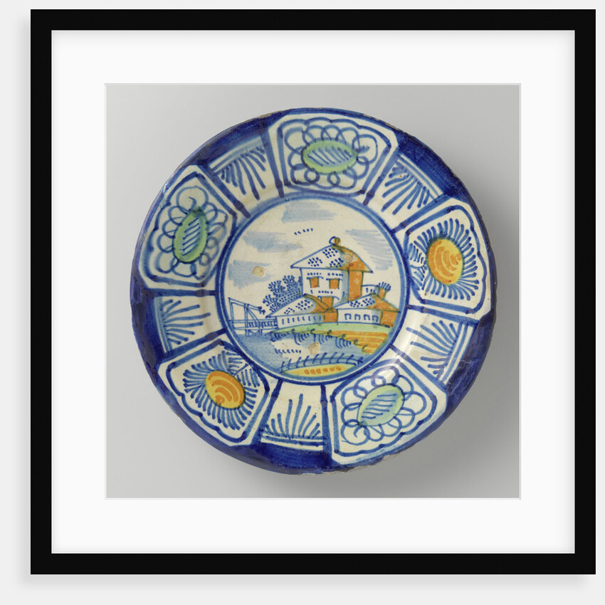 Plate, polychrome-painted the flat landscape with houses and a drawbridge; edge with five courses a stylized flower. by Anonymous