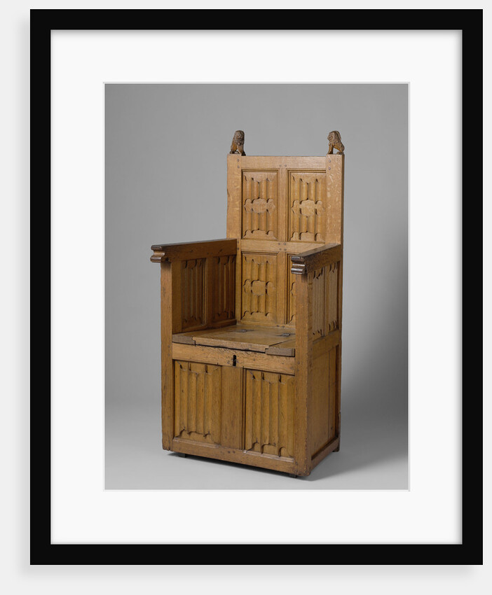Armchair with coffin-shaped base, decorated with letter panels by Anonymous