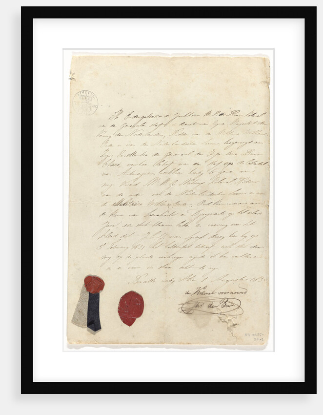 Piece sheet of uniform of J.C.J. van Speyk with attached credentials by Jonkheer H. E. de Boer