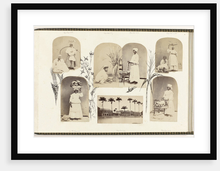 British Guiana, genre portrait women with fruit on dishes, bordered by drawing flora by Anonymous