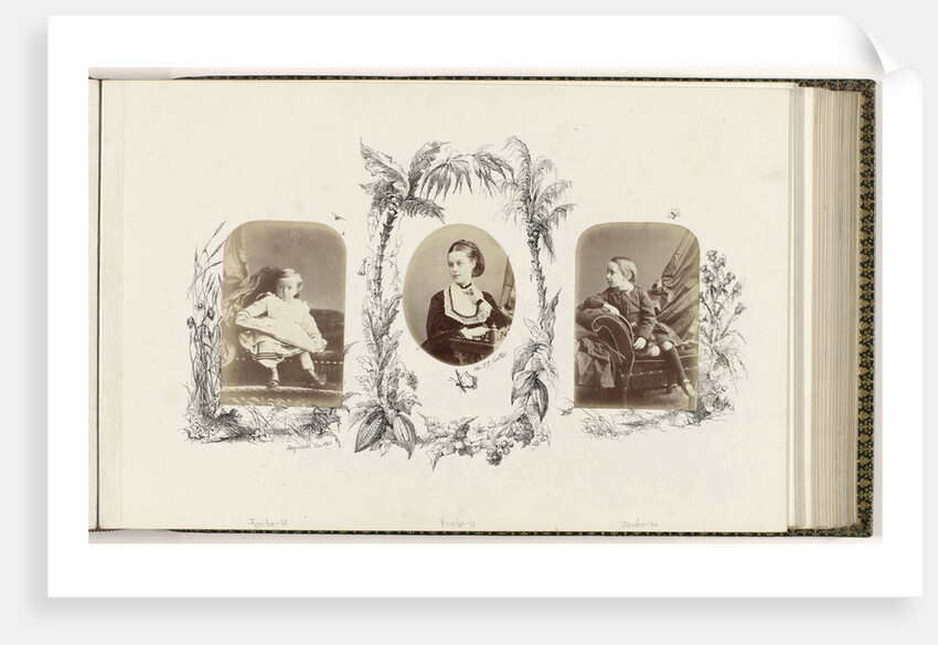 Portrait of Reginald Carter as a child with picture book bordered by drawing flora by Anonymous