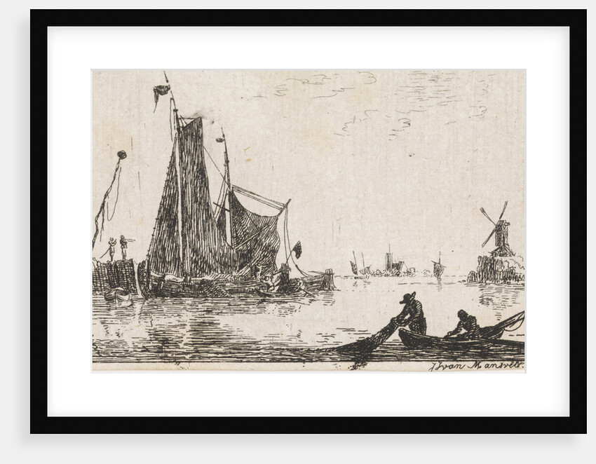 A river view with in the foreground a boat with fishermen get their nets by Jan Izaak van Mansvelt