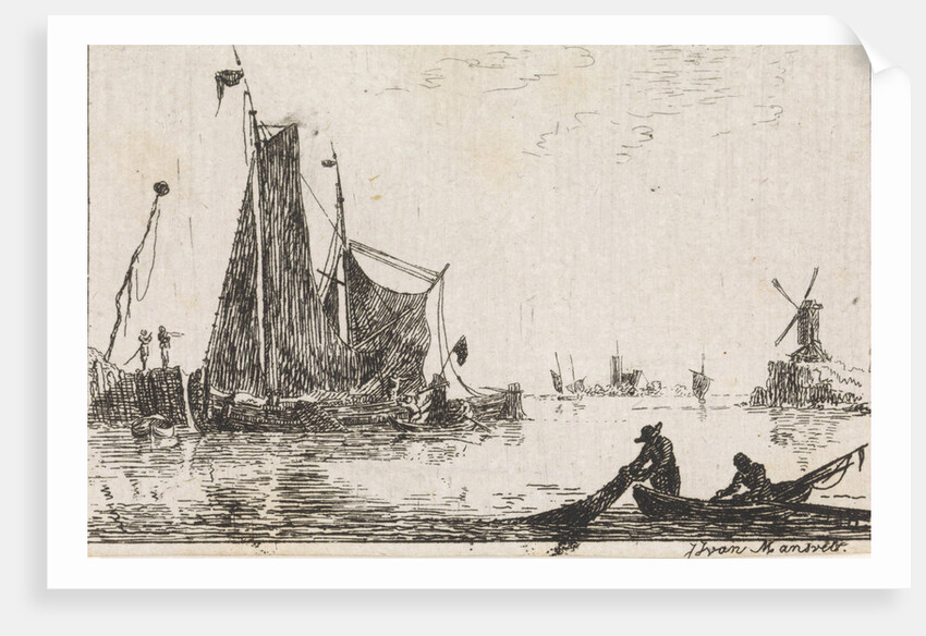 A river view with in the foreground a boat with fishermen get their nets by Jan Izaak van Mansvelt