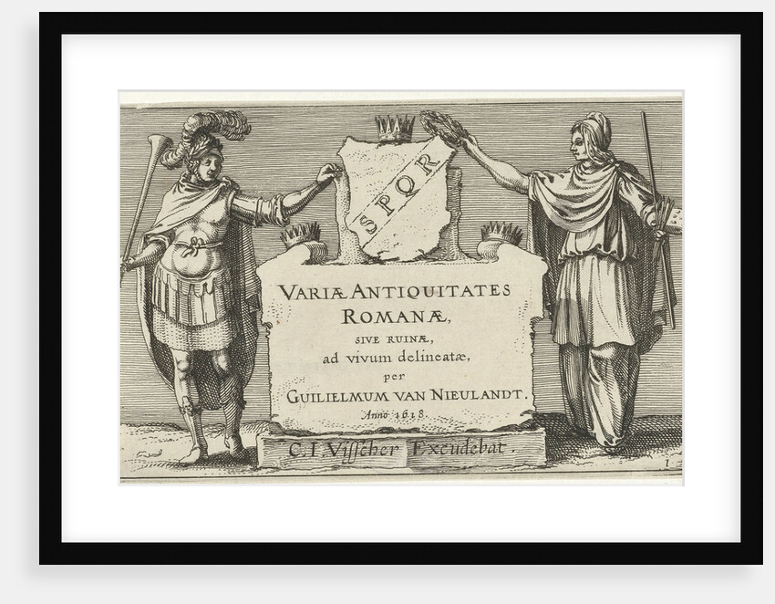 Fame and Arts besides a monumental stone, Anonymous by Claes Jansz. Visscher II