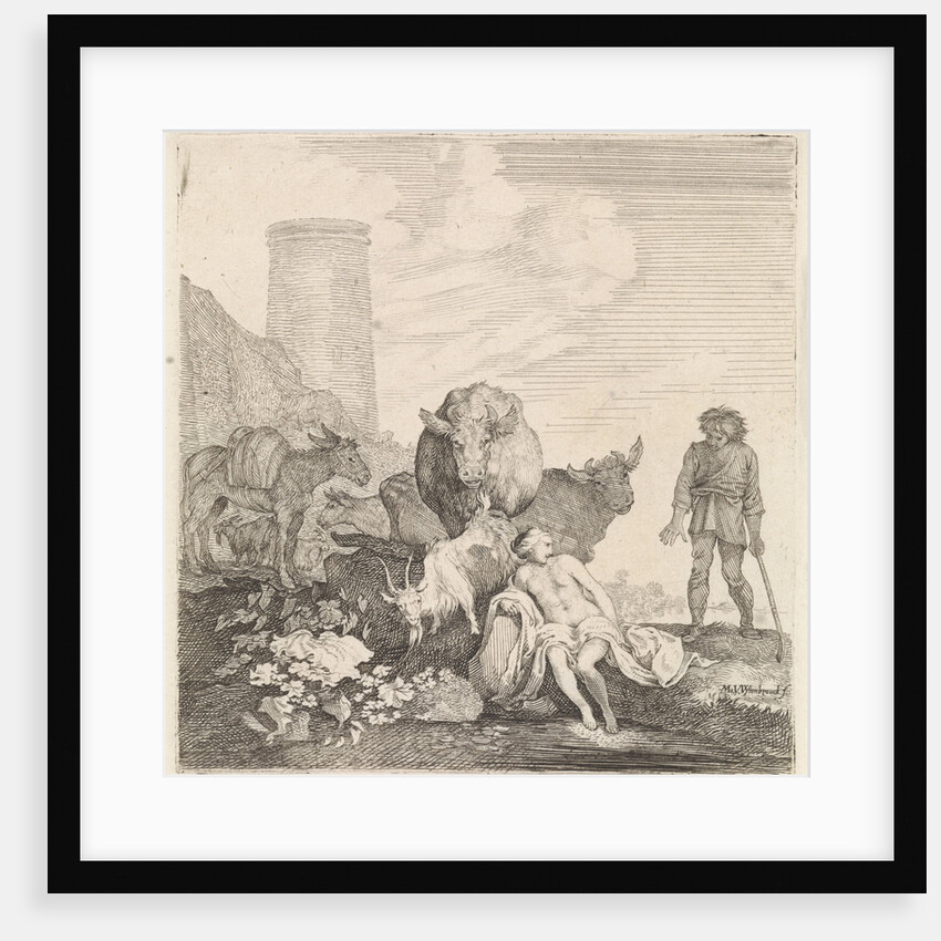 Woman surprised when bathing by Moyses van Wtenbrouck