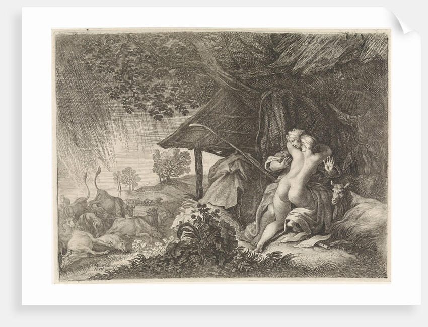 Shepherd and shepherdess shelter from a storm by Moyses van Wtenbrouck