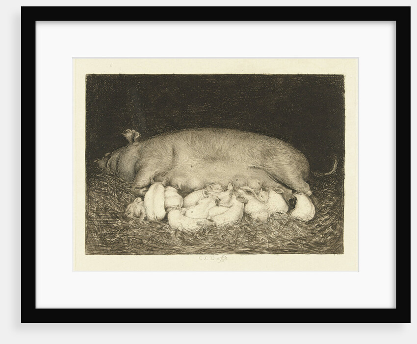 Sow with piglets lying in stable by Carel Lodewijk Dake