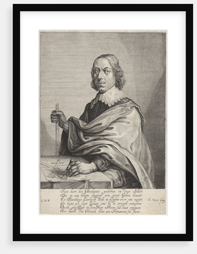 Portrait of architect Jacob Vennekool with a design for the town hall on the Dam Amsterdam by Anonymous