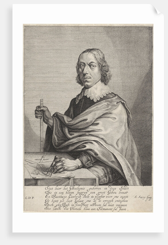 Portrait of architect Jacob Vennekool with a design for the town hall on the Dam Amsterdam by Anonymous