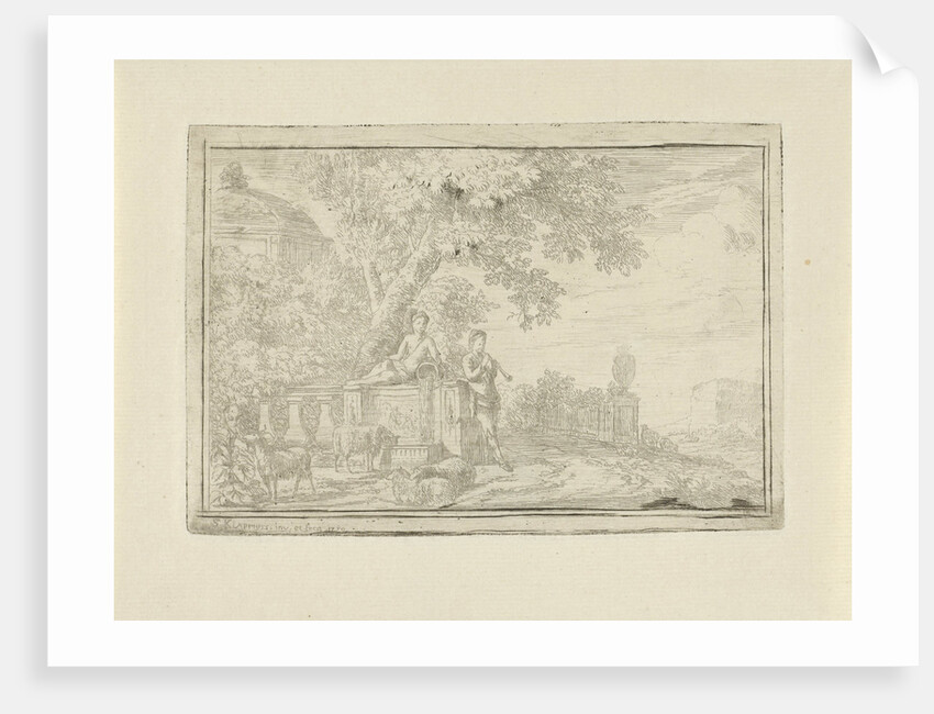 Arcadian landscape with a shepherd at a well by Simon Klapmuts