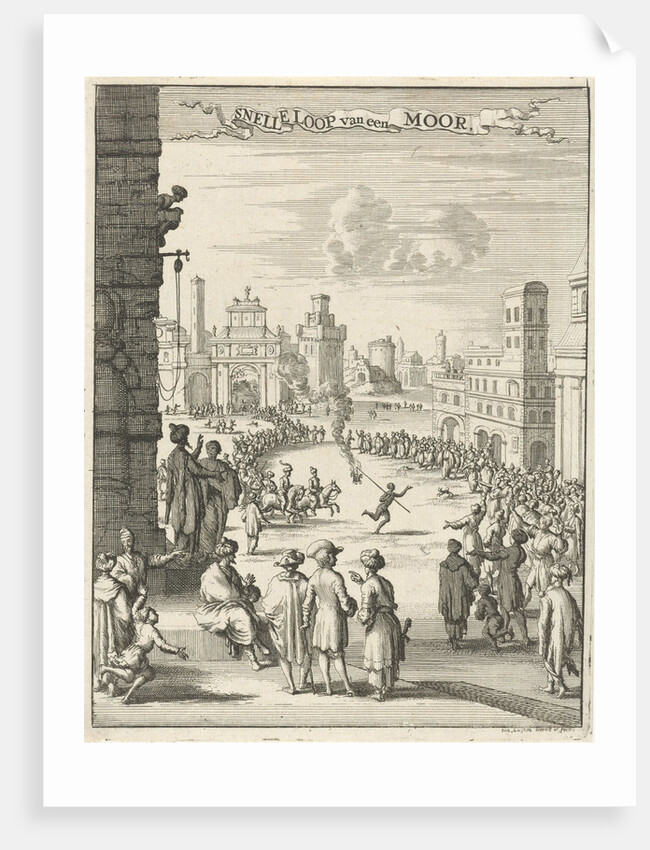 View of a square where a black man with firepit is running by Jan Luyken