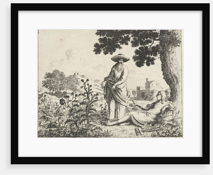 Old man resting points a farmer to a snake by Jan Luyken