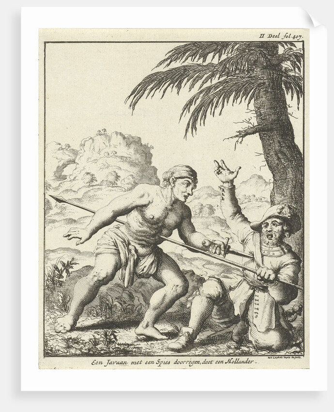 Javanese and Dutch man stabbing each other with a spear and a dagger down by Jan Luyken