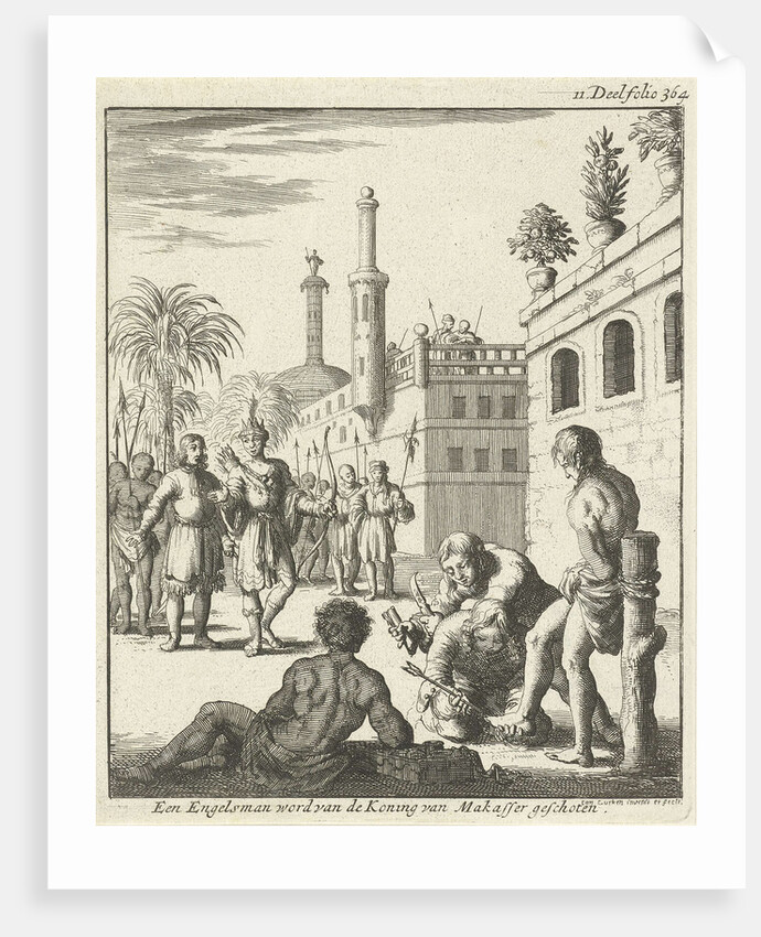 King stands with bow and arrow ready to shoot a bound prisoner by Jan Luyken