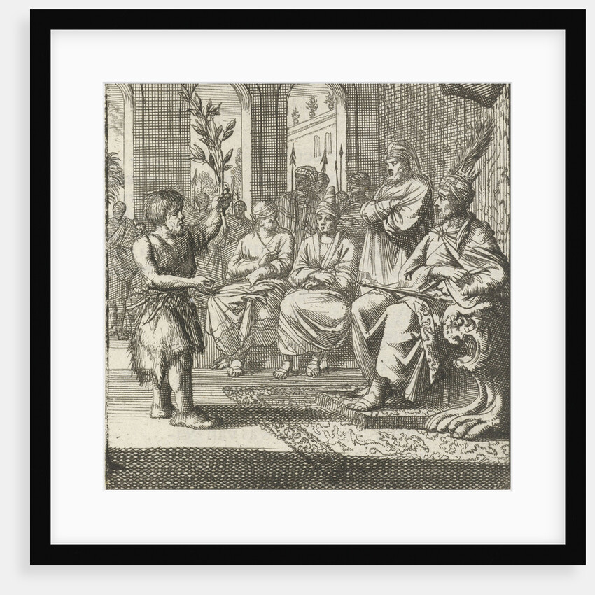 Farmer speaks with an olive branch in hand to the prince and his advisers by Aart Wolsgrein