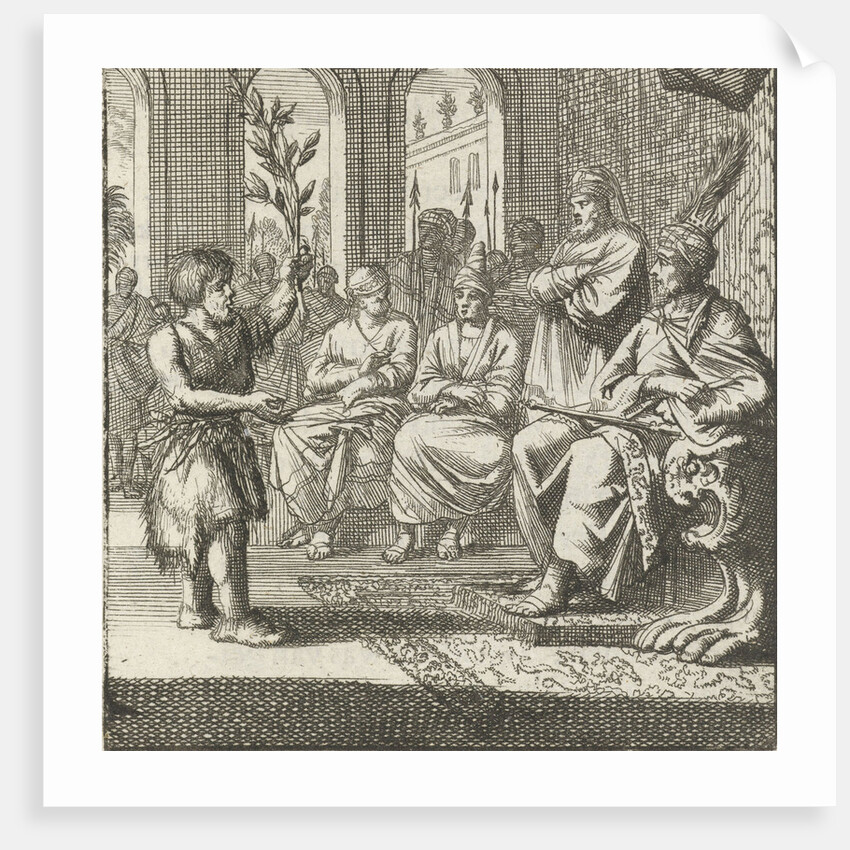 Farmer speaks with an olive branch in hand to the prince and his advisers by Aart Wolsgrein