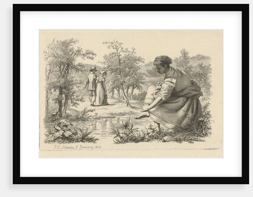Strolling couple and a girl washes her feet by Jacob Ernst Marcus