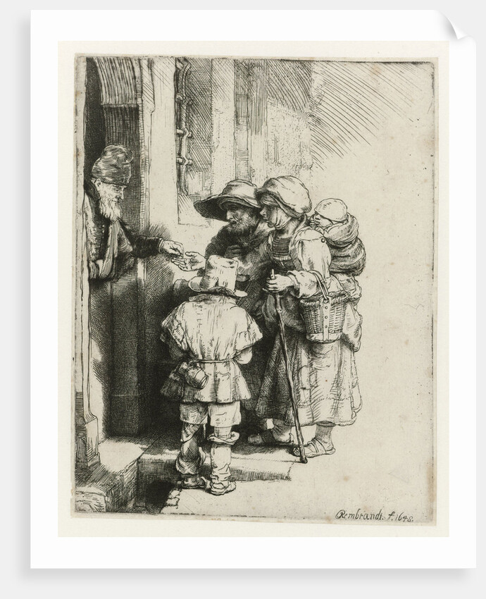 A blind hurdy-gurdy player with family receives a handout by Rembrandt Harmensz. van Rijn