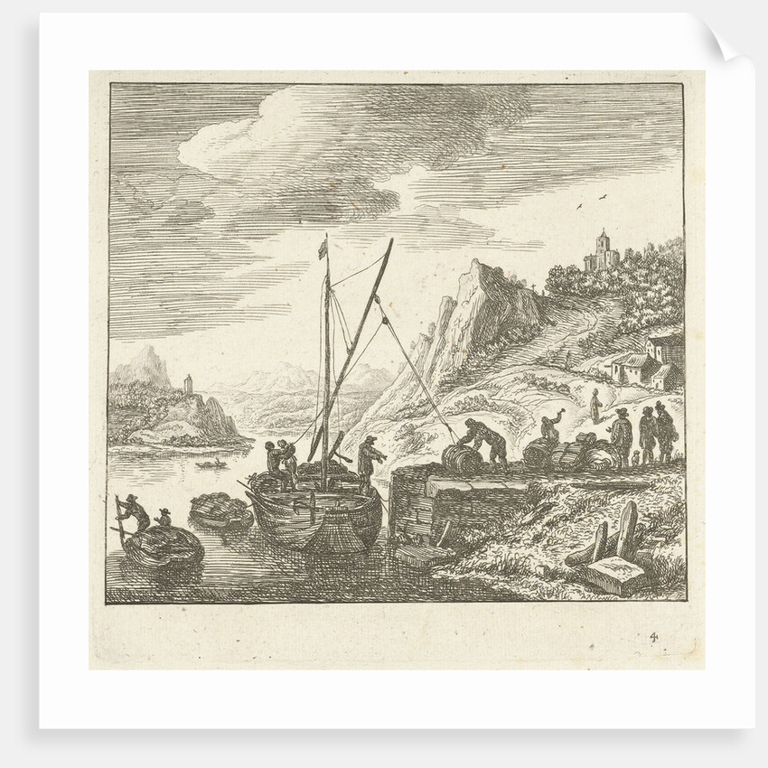 River view with men loading drums on a sailing ship by Herman Saftleven