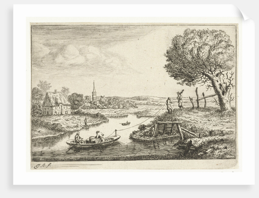 River landscape with barge by Jan van Almeloveen