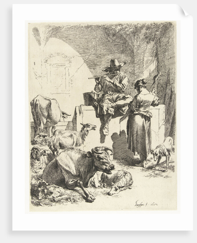 Flute Playing Shepherd and spinster by Nicolaes Pietersz. Berchem