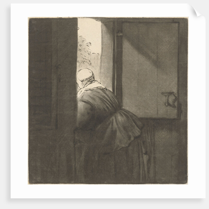 Female leaning over a lower door by Rembrandt Harmensz. van Rijn