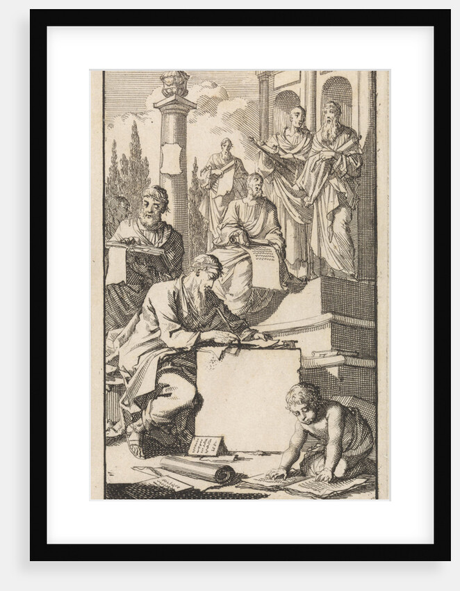 Six scholars with rolls of parchment on the stairs of a temple by Jan Luyken