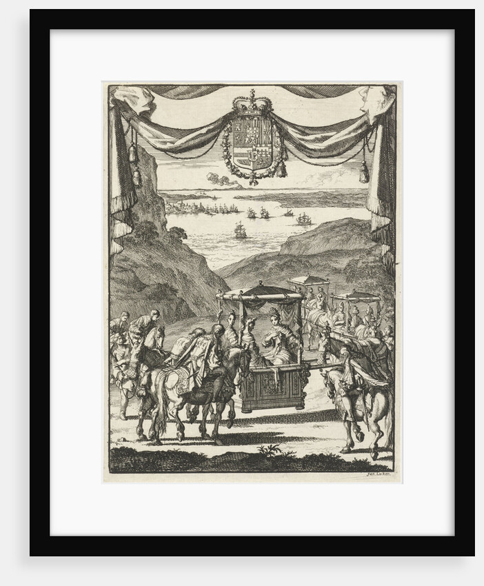 Writer Marie-Catherine d'Aulnoy in a sedan greeted by five riders by Jan Luyken