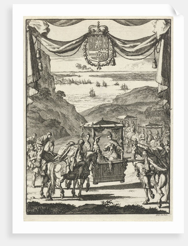 Writer Marie-Catherine d'Aulnoy in a sedan greeted by five riders by Jan Luyken