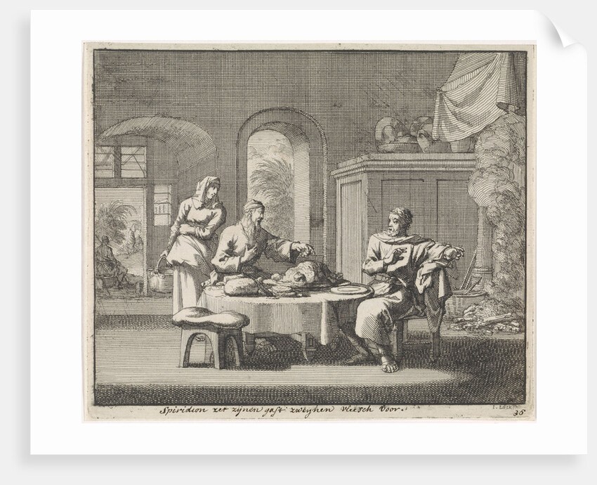 Saint Spiridon of Cyprus offers a salted pork by Jan Luyken