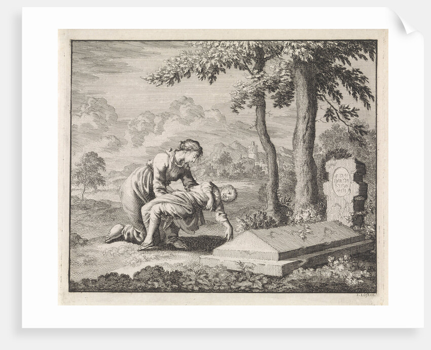 Woman brings her child dead to the grave of Saint Stephen by Jan Luyken