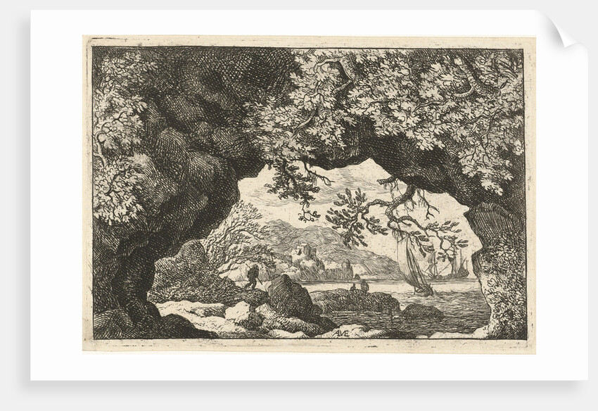 Seascape through an opening in the rocks by Allaert van Everdingen