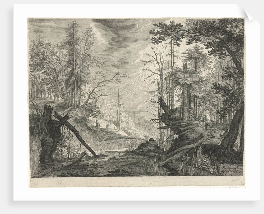 Three hunters in a river in a forest by Aegidius Sadeler
