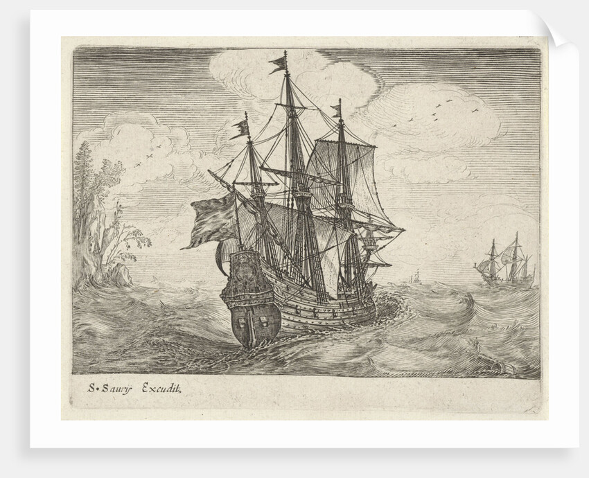 Sailing threemaster and a rocky coast with trees by Salomon Savery