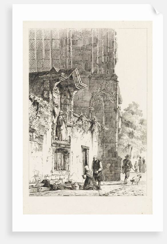 Woman kneeling in front of a chapel by Cornelis Springer