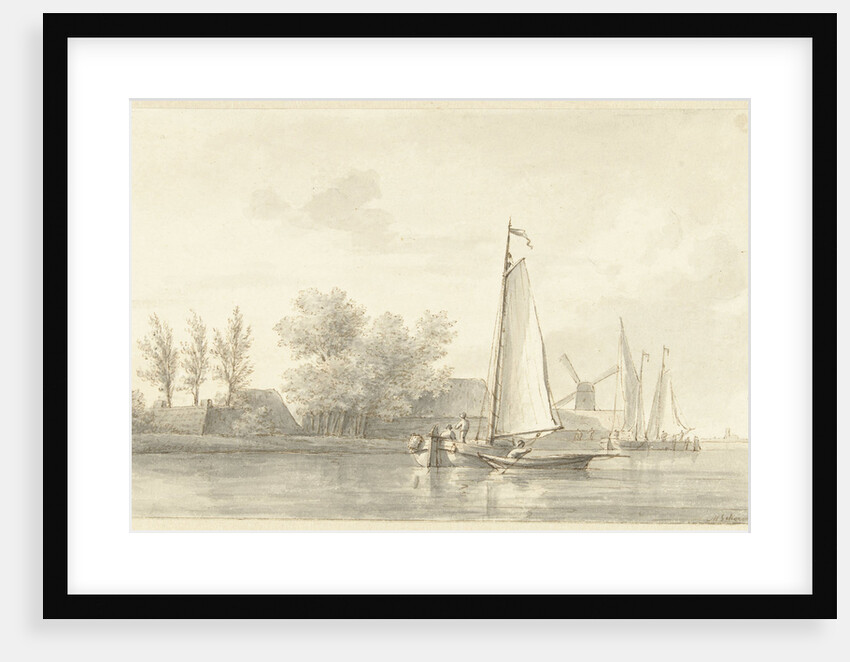 River view with sailing and rowing boat by Martinus Schouman