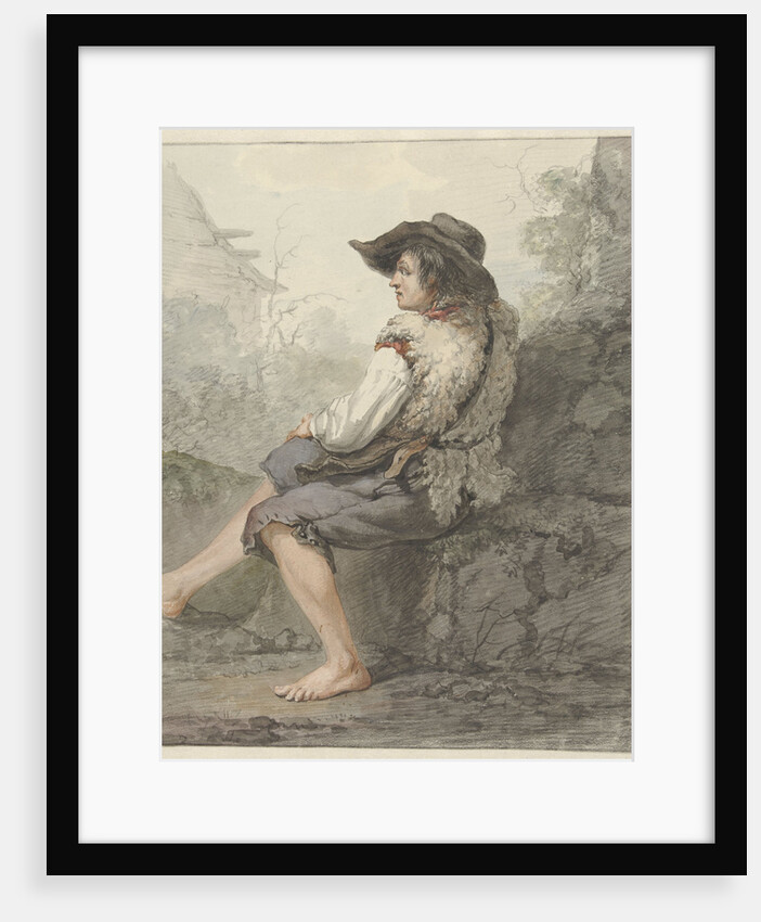 Sitting boy with hat and sheepskin by Jacob van Strij